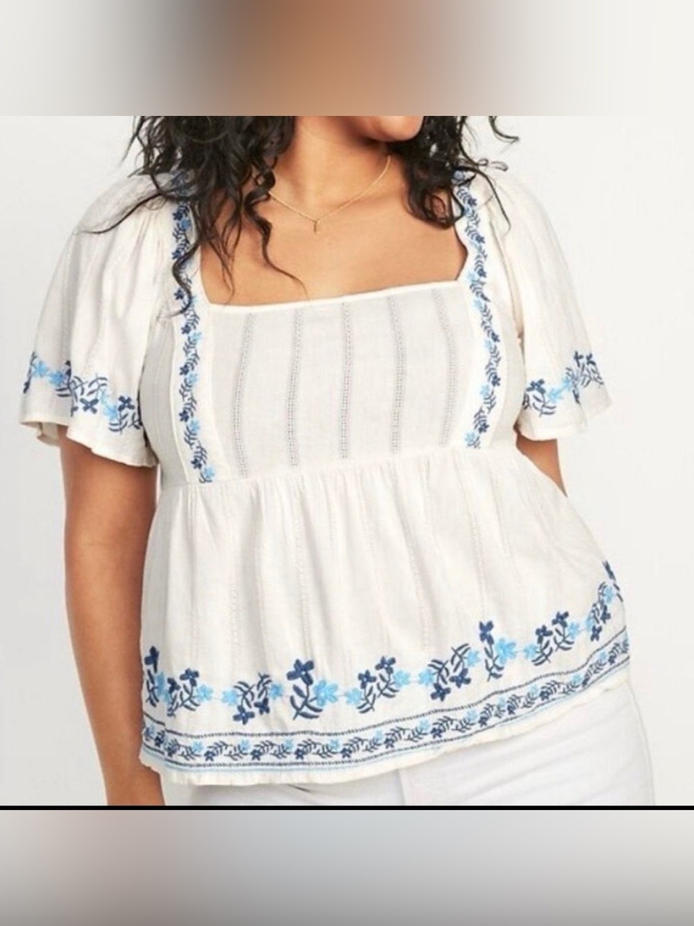 Old Navy Cream Blue Floral Embroidery Cottagecore Flutter Sleeve Boho Blouse Top